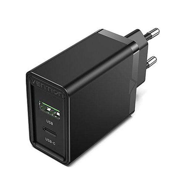 VENTION FBBB0-EU Two-Port USB(A+C) Wall Charger - 18W/20W Fast Charging - Black